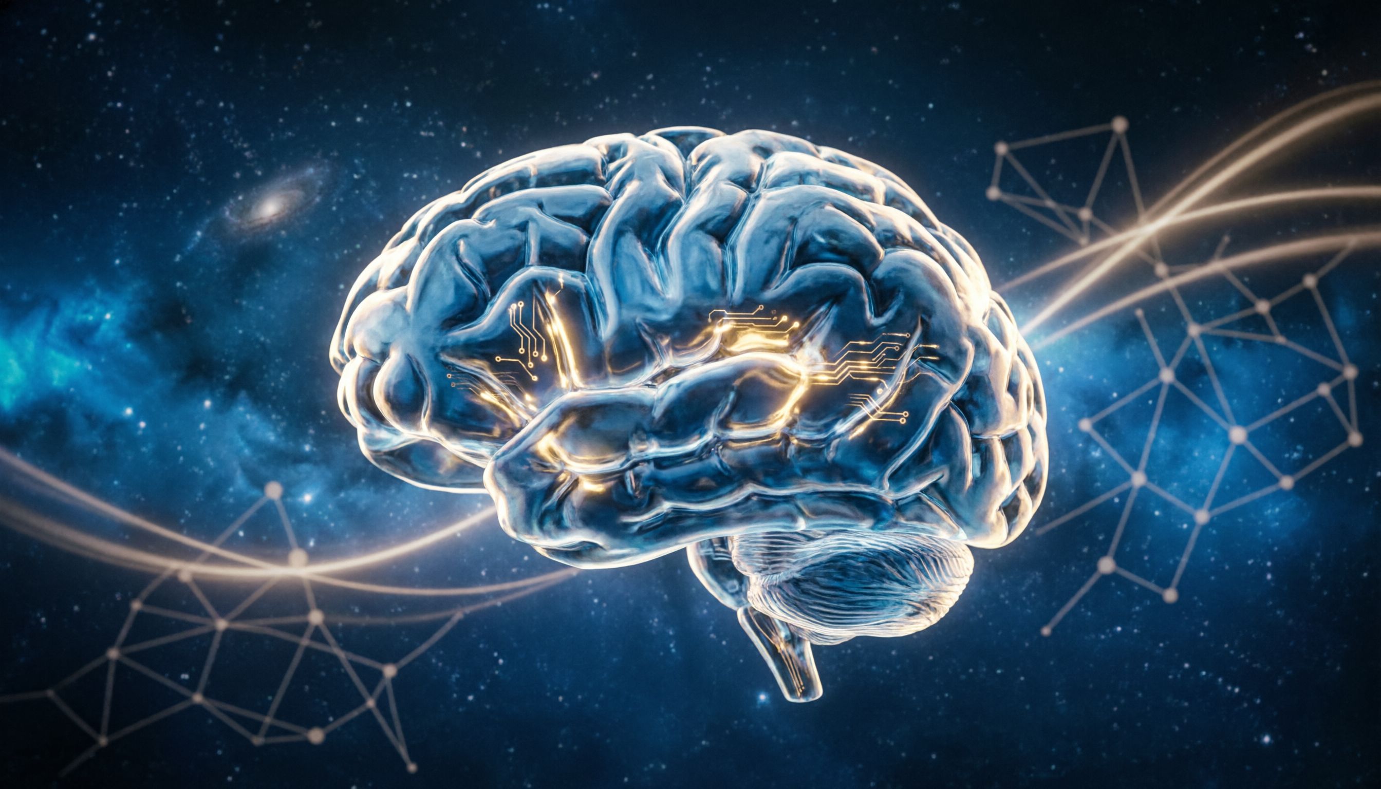 Artificial intelligence concept with neural network visualization and digital brain